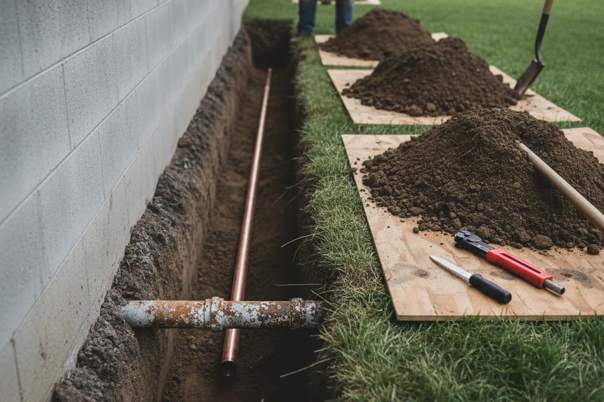 Excavated water line trench during Water Softener Installation in Zirconia
